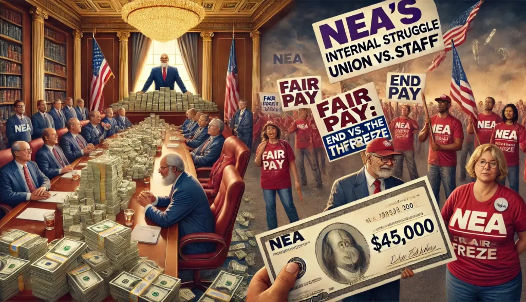 NEA at a long table dishing out cash