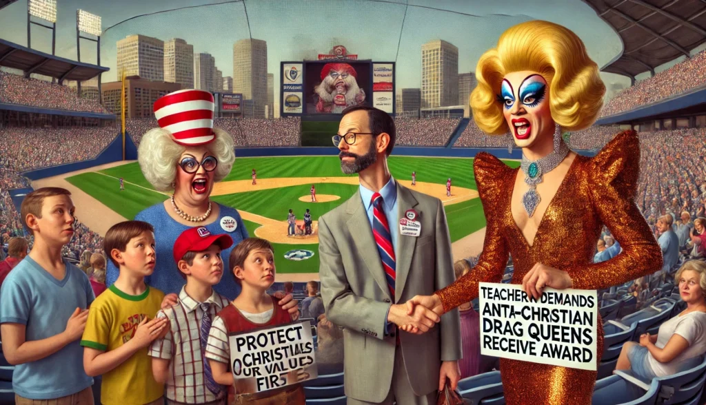 drag queen shaking union leaders hand at a baseball game