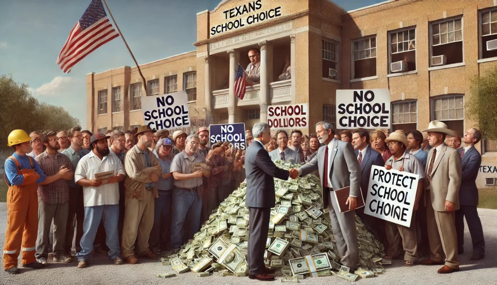 union boss shaking principals hand in front of pile of money