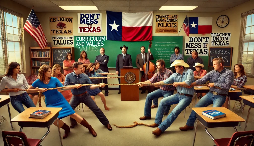 parents and union members playing tug of war