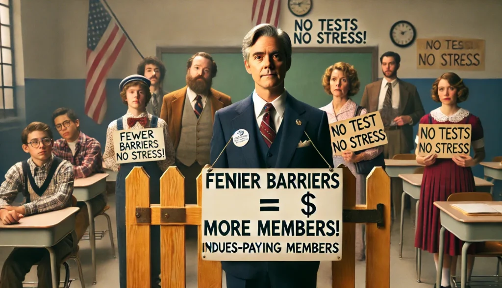 man holding a sign that says fewer barriers ore members