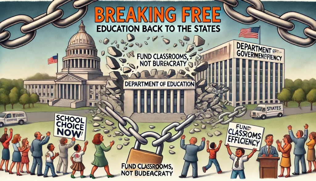 A 4x6 satirical illustration titled **"Breaking Free: Education Back to the States"** featuring a crumbling **Department of Education** building with massive chains snapping as states reclaim control. In the foreground, parents and students cheer while holding signs that read **"School Choice Now"** and **"Fund Classrooms, Not Bureaucracy."** In the background, a sleek, modern building labeled **"Department of Government Efficiency (DOGE)"** symbolizes streamlined, student-focused education reform.