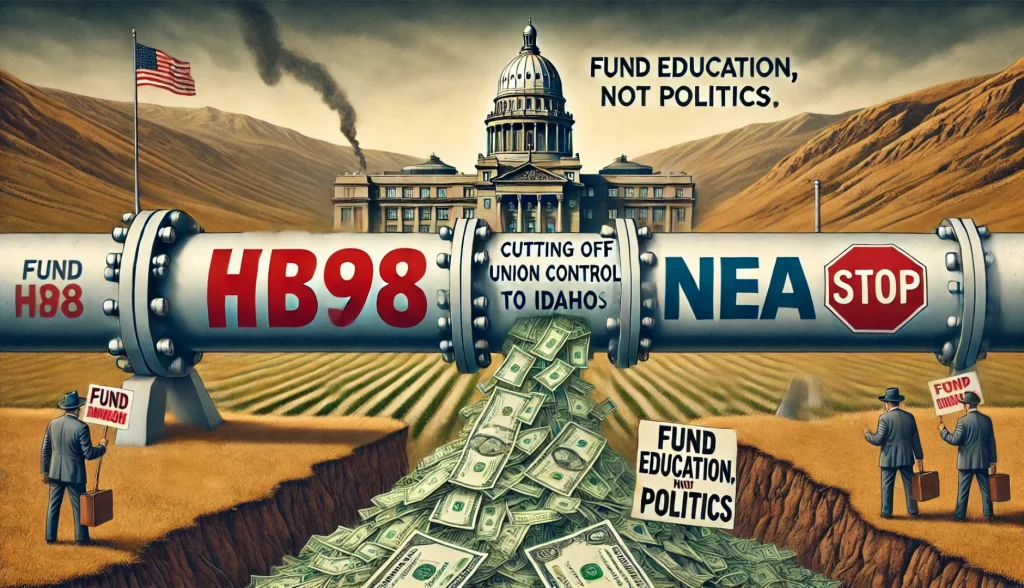 Illustration of a severed pipeline labeled 'Taxpayer Dollars to NEA' with cash spilling out, symbolizing HB98 cutting off union funding in Idaho.