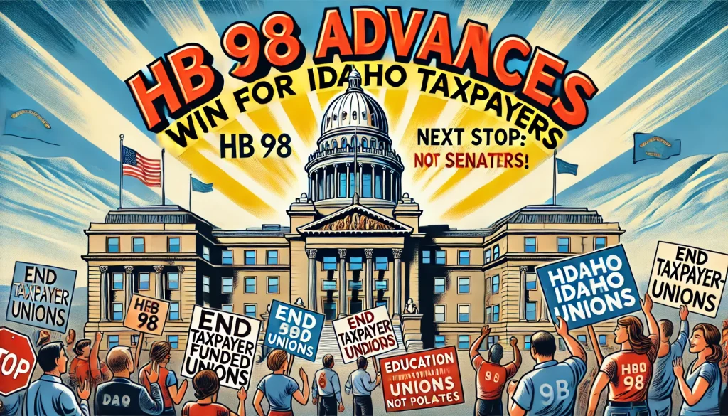 A 4x6 satirical illustration titled **"HB 98 Advances: A Win for Idaho Taxpayers,"** featuring the **Idaho State Capitol with a banner reading 'HB 98 PASSED HOUSE – NEXT STOP: SENATE.'** In the foreground, **Idaho taxpayers and parents wave signs saying 'End Taxpayer-Funded Unions' and 'Education, Not Politics,'** celebrating the bill’s progress. The background includes a **bright, optimistic sky,** symbolizing momentum for education reform.