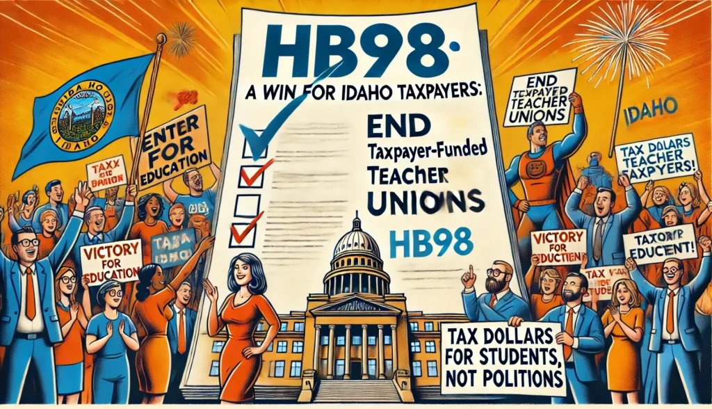 A 4x6 satirical illustration titled **"HB98: A Win for Idaho Taxpayers,"** featuring a **legislative document with a bold checkmark next to 'End Taxpayer-Funded Teacher Unions.'** In the background, **Idaho parents and taxpayers celebrate, holding signs reading 'Victory for Education' and 'Tax Dollars for Students, Not Politics,'** symbolizing the triumph of HB98 in protecting education from union influence.