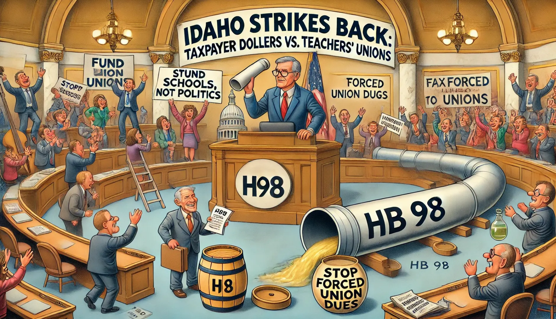A 4x6 satirical illustration titled **"Idaho Strikes Back: HB 98 vs. Teachers' Unions"** featuring a **lawmaker holding a scroll labeled 'HB 98'** as a **pipeline labeled 'Taxpayer Dollars to Unions' is cut off.** In the background, **frustrated union leaders hold empty collection boxes,** while **parents and taxpayers cheer** with signs reading **'Fund Schools, Not Politics'** and **'Stop Forced Union Dues,'** symbolizing the fight to remove state-backed union funding.