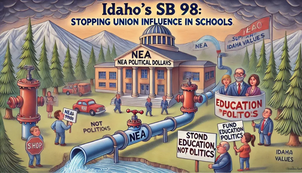 A 4x6 satirical illustration titled **"Idaho’s SB 98: Stopping Union Influence in Schools"** featuring a **school building with a pipeline labeled 'Taxpayer Dollars' being diverted away from a union headquarters marked 'NEA Political Machine.'** In the foreground, **parents and students hold signs reading 'Fund Education, Not Politics' and 'Support Idaho Values,'** while **frustrated union leaders stand beside campaign posters for radical candidates,** symbolizing the fight to end taxpayer-funded union activism.