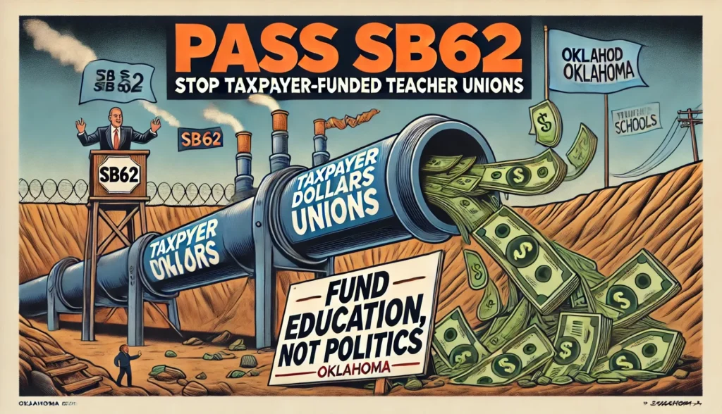 A 4x6 satirical illustration titled **"Pass SB62: Stop Taxpayer-Funded Teacher Unions,"** featuring a **broken pipeline labeled 'Taxpayer Dollars to Unions'** with cash spilling out and turning into **political campaign signs.** In the foreground, a bold sign reads **"Fund Education, Not Politics,"** while concerned parents and teachers watch as education funding is siphoned away, symbolizing the urgency of passing SB62.