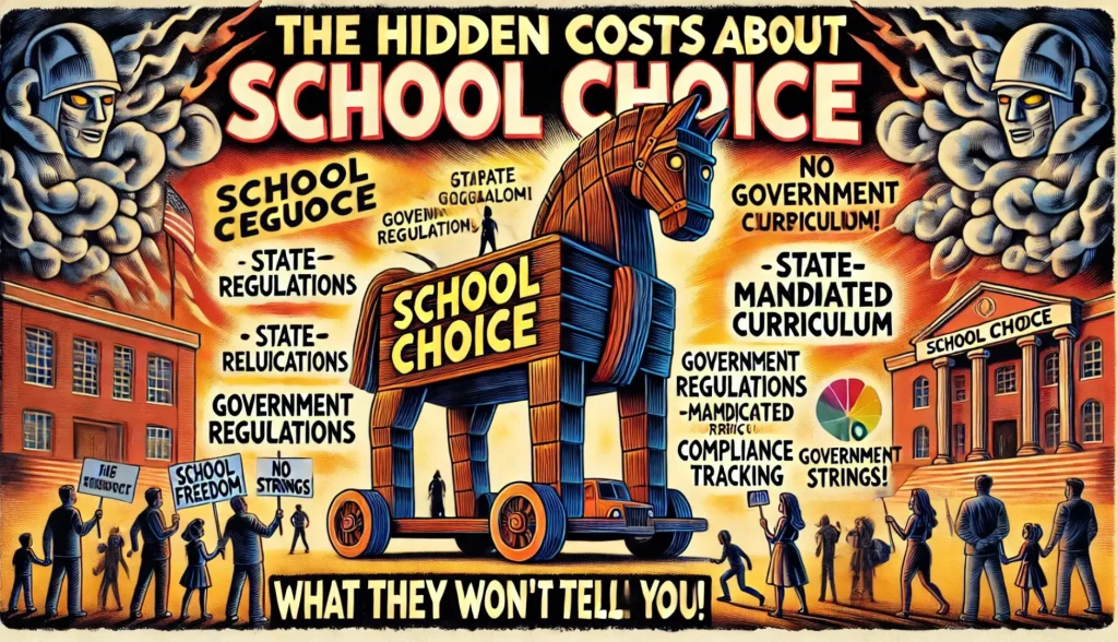 A 4x6 satirical YouTube/podcast-style thumbnail featuring a **Trojan horse labeled 'School Choice'** being wheeled into a private school. Inside, shadowy figures hold scrolls reading **'Government Regulations,' 'State-Mandated Curriculum,' and 'Compliance Tracking.'** Bold text overlays read **'The TRUTH About School Choice'** and **'What They Won’t Tell You!'** Concerned parents hold signs saying **'Education Freedom'** and **'No Government Strings,'** highlighting hidden consequences of government-funded school choice.