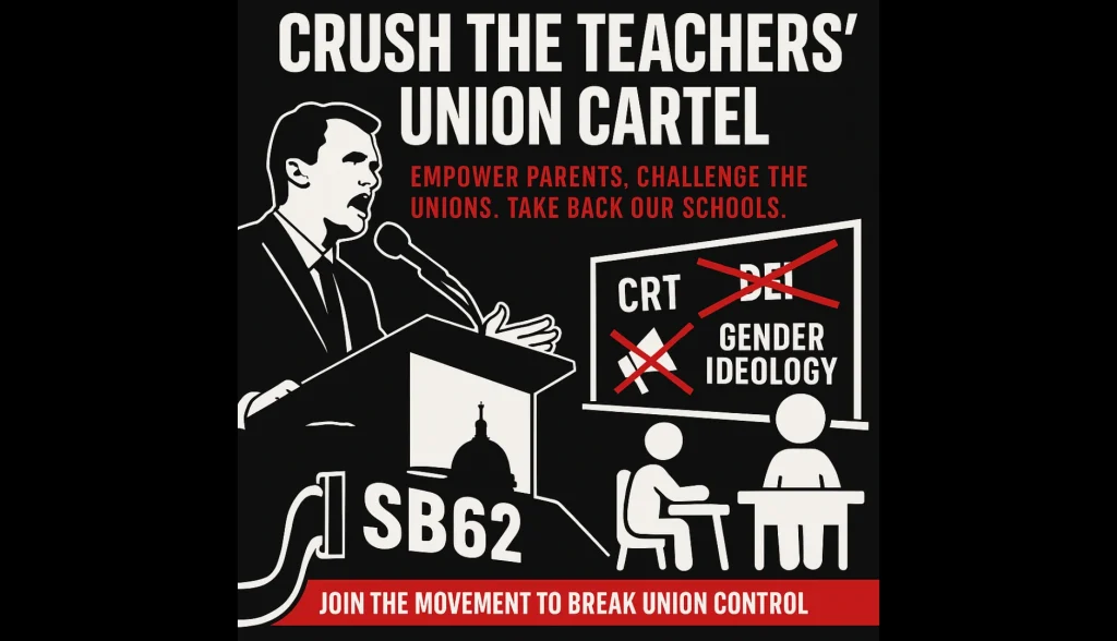 A bold, square graphic featuring **Charlie Kirk** speaking at a podium on the left, with the quote **“Crush the Teachers’ Union Cartel”** above. On the right, a classroom chalkboard shows phrases like **“CRT,” “DEI,” and “Gender Ideology”** crossed out in red. Below, a subtitle reads: **“Empower Parents. Challenge the Unions. Take Back Our Schools.”** A bottom banner says: **“Join the Movement to Break Union Control”** with a placeholder for the **Institute for Education Reform** logo. The design uses black, white, and red tones for urgency and clarity.