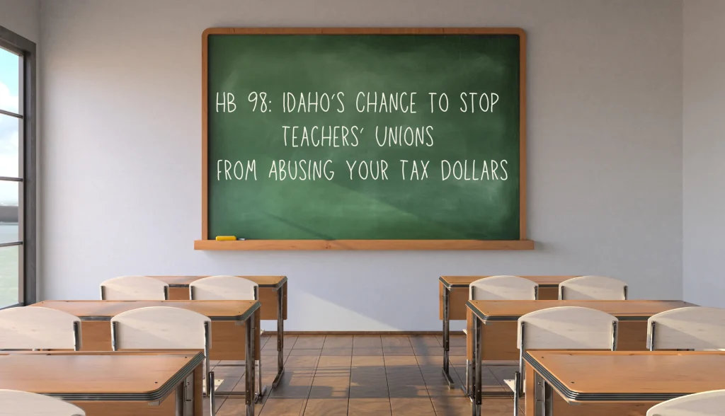 classroom with chalkboard that reads HB 98: Idaho’s Chance to Stop Teachers’ Unions from Abusing Your Tax Dollars