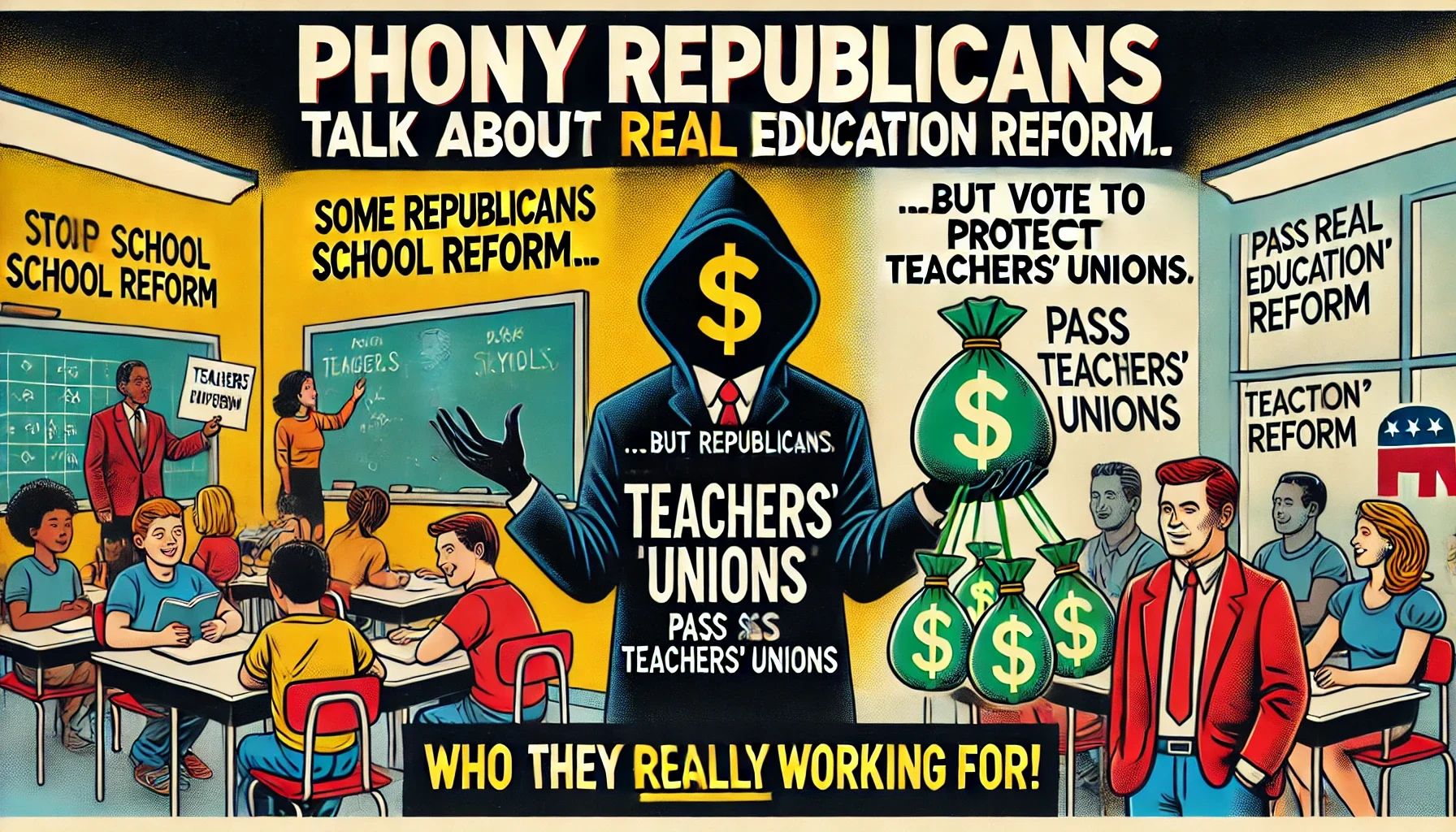 A 4x6 satirical graphic titled "Phony Republicans Blocking Real Education Reform," featuring a split background: Left side: A bright classroom with students and a teacher. Right side: A shadowy figure labeled "Teachers' Unions" handing money to a politician. Centered text reads: "Some Republicans TALK about school reform... but VOTE to protect teachers' unions." Below, the question: "Who are they REALLY working for?" At the bottom, a bold call to action: Tell your lawmakers: Stop siding with unions. Pass REAL education reform!
