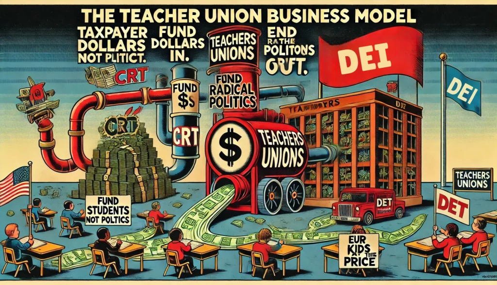 A 4x6 satirical illustration titled "The Teacher Union Business Model," showing a pipeline of taxpayer dollars flowing from a school building labeled 'Taxpayers' into a political machine marked 'Teachers Unions.' Arrows point to campaign ads, CRT books, DEI flags, and protest signs. In the foreground, students sit in a crumbling classroom holding empty books, while parents hold signs reading 'Fund Students, Not Politics' and 'End the Union Grift.' At the top, the headline reads "💰 Taxpayer Dollars In. Radical Politics Out. Our Kids Pay the Price."