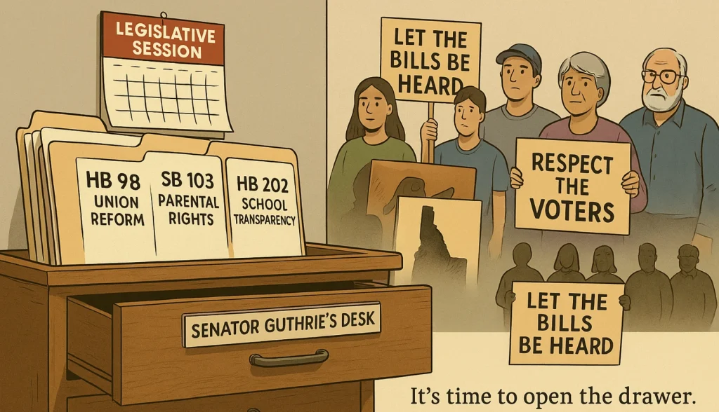 A 4x6 digital illustration featuring a wooden desk labeled "Senator Guthrie’s Desk" with the drawer slightly open, revealing folders labeled "HB 98 – Union Reform," "SB 103 – Parental Rights," "HB 202 – School Transparency," and "SB 147 – School Choice." A nearby calendar titled "Legislative Session" has most pages torn off, symbolizing time running out. In the background, a diverse group of citizens holds signs reading "Let the Bills Be Heard" and "Respect the Voters." A caption at the bottom reads: "It’s time to open the drawer. Idahoans deserve a vote."