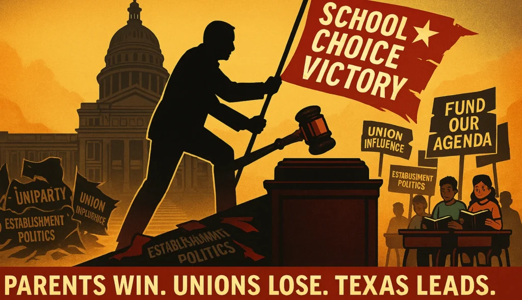 A 1640×700 landscape scene showing a silhouette of Governor Greg Abbott planting a tattered flag labeled “School Choice Victory” atop the Texas Capitol steps. Behind him lie torn banners reading “Uniparty,” “Union Influence,” and “Establishment Politics.” The sky is ablaze in red-orange tones, and a bold footer reads “Parents Win. Unions Lose. Texas Leads.”