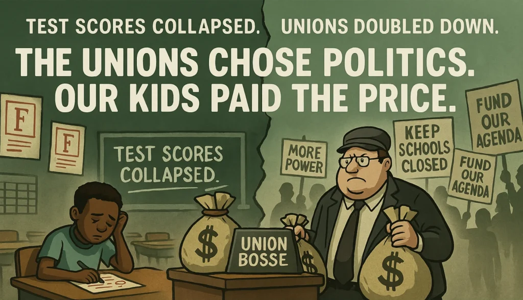 A 5×7 landscape graphic split down the middle. On the left, a despondent student sits at a desk with F-graded worksheets beneath a chalkboard reading “Test Scores Collapsed.” On the right, a smug union boss clutches bags of money labeled “Dues” in front of protest signs reading “More Power,” “Keep Schools Closed,” and “Fund Our Agenda.” Across the top in bold text: “The Unions Chose Politics. Our Kids Paid the Price.” A bottom banner reads: “Support HB98 – End Taxpayer-Funded Union Politics.”