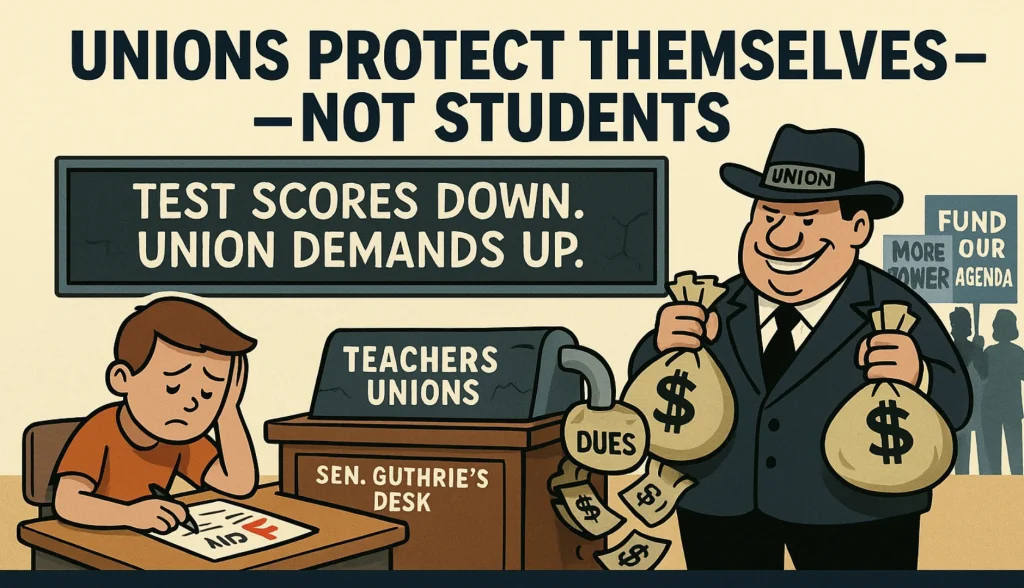 A split-scene 4x6 graphic titled “Unions Protect Themselves — Not Students.” On the left, a dejected student sits at a desk holding an F-graded reading and math worksheet. On the right, a smug union boss clutches bags labeled “Dues” in front of protest signs reading “More Power,” “No Transparency,” and “Fund Our Agenda.” Above, a cracked chalkboard reads “Test Scores Down. Union Demands Up.” A bottom banner calls out: “Support Students, Not Union Politics — Pass HB98 / SB62.”