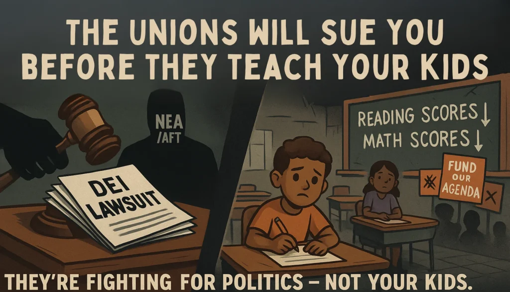 **Summarizing image alt text** For the alt text of the image, it needs to focus on the key elements. On the left, there's a gavel striking a stack of "DEI Lawsuit" papers with a shadowy NEA/AFT silhouette. On the right side, a neglected classroom with a broken chalkboard displaying “Reading Scores ↓” and “Math Scores ↓,” with confused children sitting at empty desks. I’ll keep it clear and concise, representing the essential elements depicted in the image. Thought for 6 seconds Split-scene landscape: left, a gavel striking a “DEI Lawsuit” stack with a shadowy NEA/AFT figure behind; right, confused students at empty desks under a broken chalkboard reading “Reading Scores ” and “Math Scores.